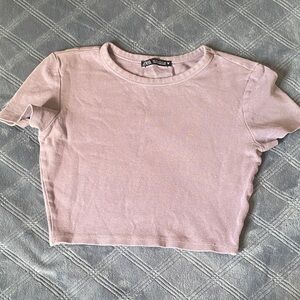 Zara Light Pink Ribbed Crewneck Crop Top